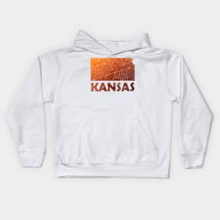 Colorful mandala art map of Kansas with text in brown and orange Kids Hoodie